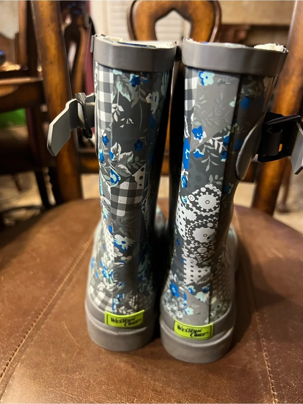 Western Chief Gray & Blue Floral Patchwork Rain Boots